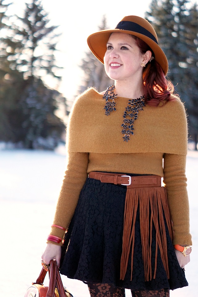 Winnipeg Style Fashion, Nicole Lee Paola telephone booth print bowler bag, Chicwish mustard angora off shoulder tunic top, Reitmans suede fringe belt, BCBG Max Azria Quinn black lace skirt, Aldo accessories waterfall crystal necklace, Roberto Vianni suede fringe boots